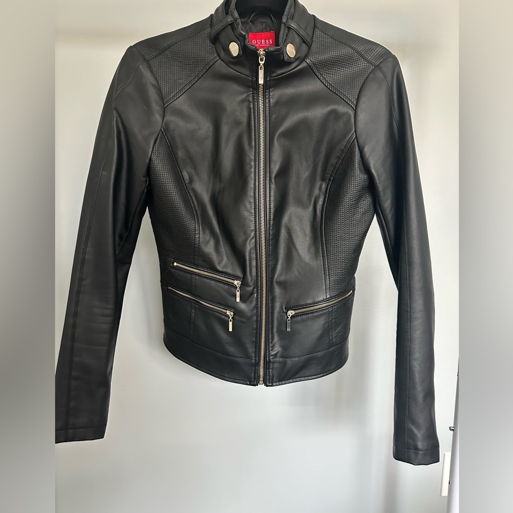 Vegan leather moto jacket black Guess size small